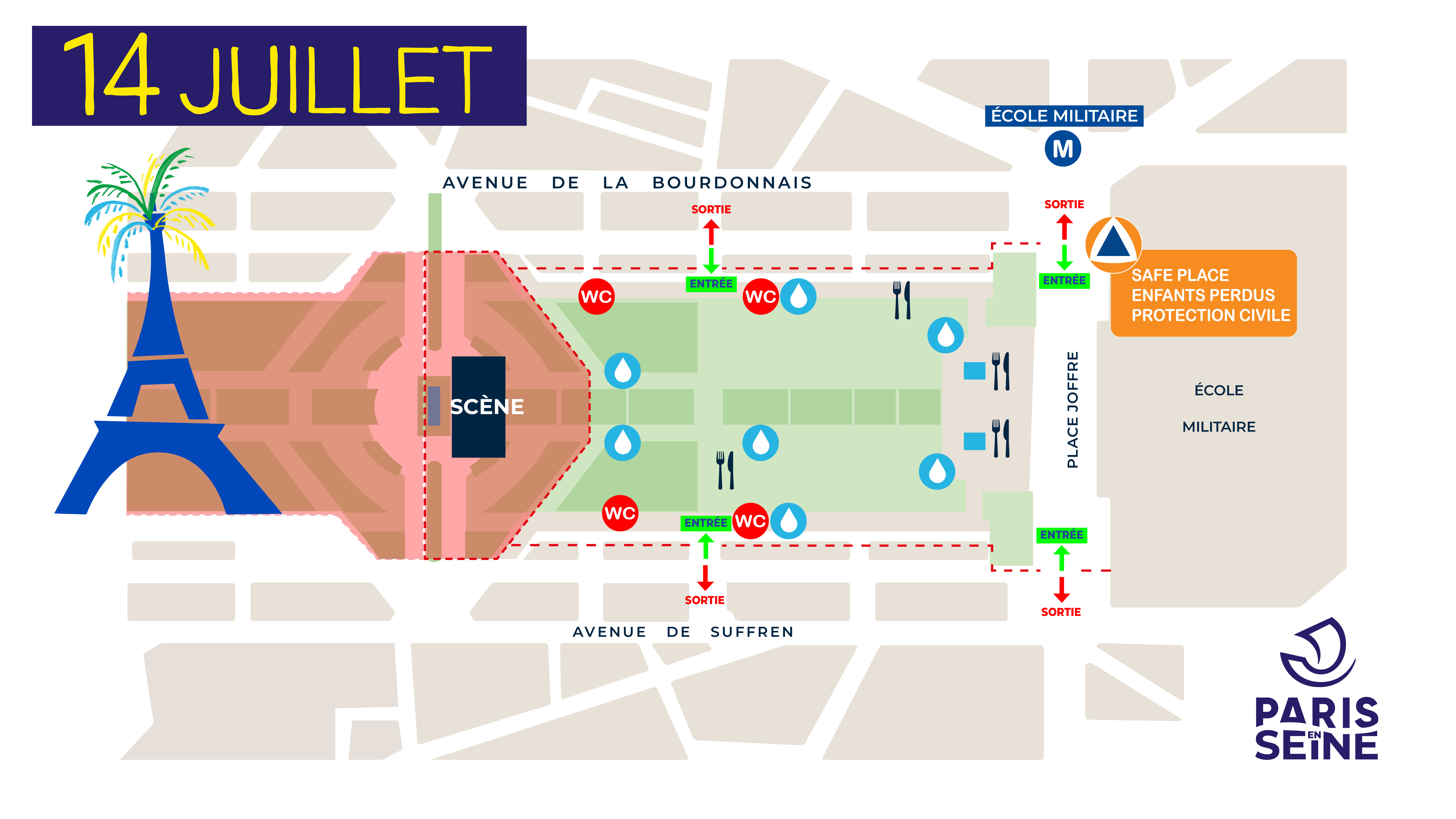Map of the Champ-de-Mars viewing area for the concert and fireworks