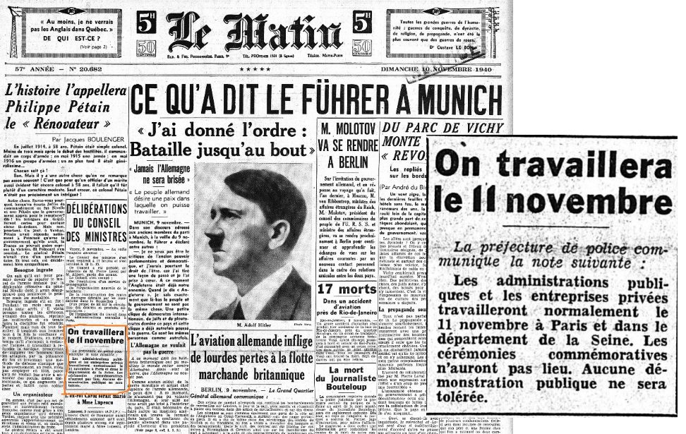 Newspaper archive showing notice banning Armistice Day celebrations