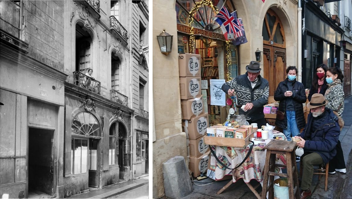 Vintage photo of Rue de la Parcheminerie and photo of Abbey bookshop today