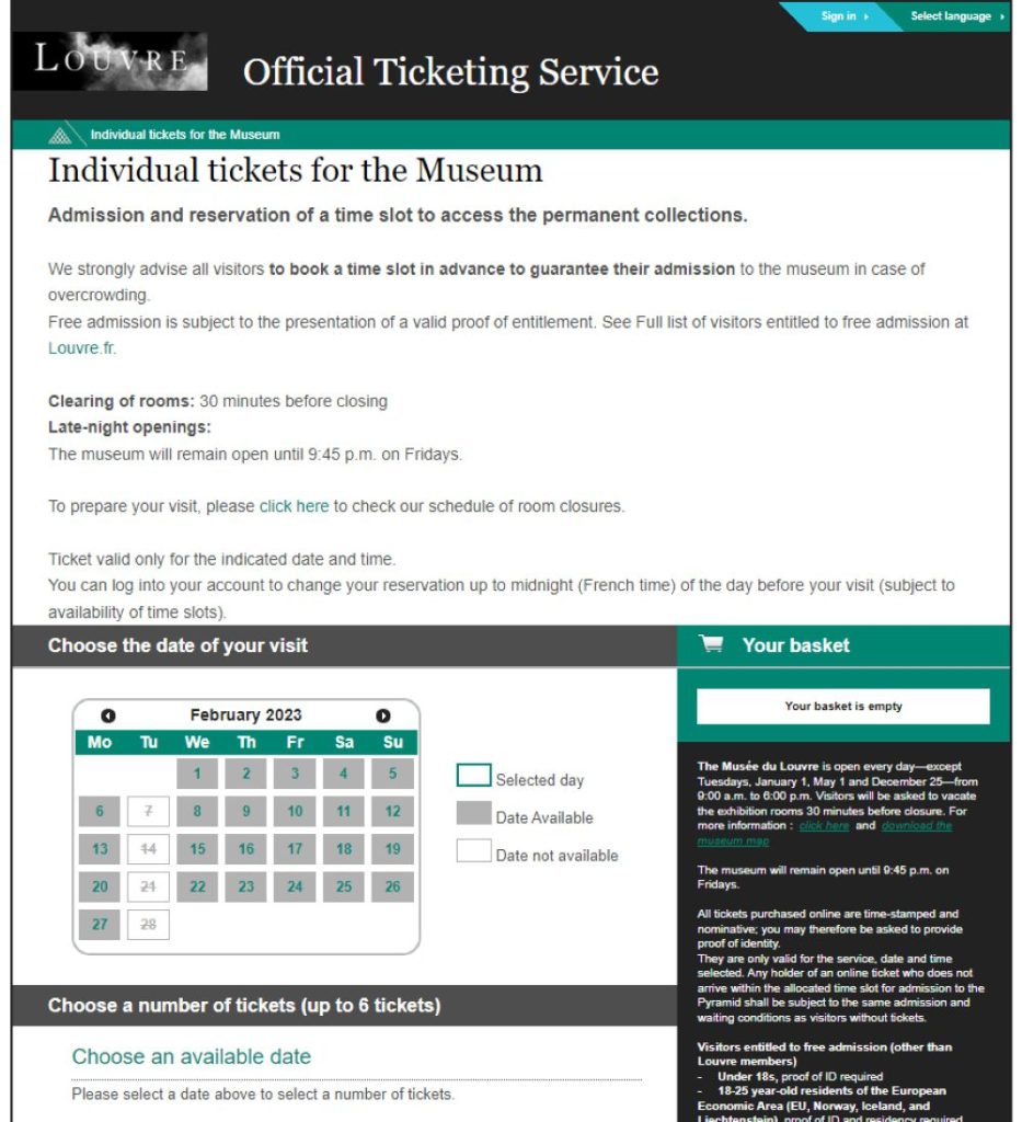 Ticket screen for Louvre