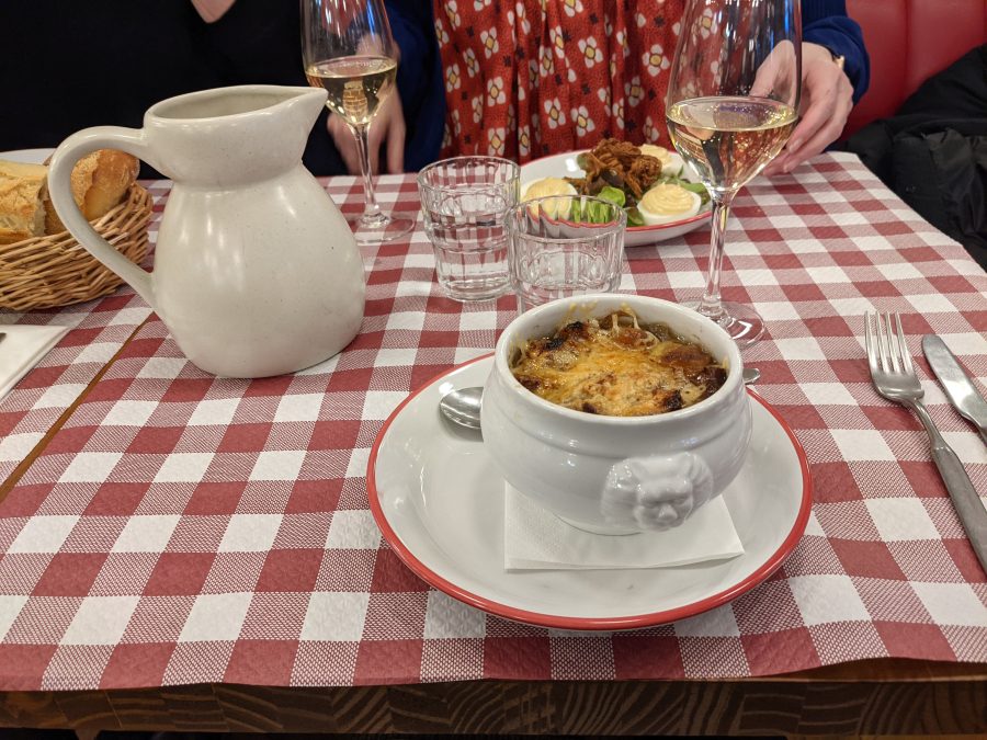 Oeufs mayonnaise and French onion soup at Bouillon Petit Vavin