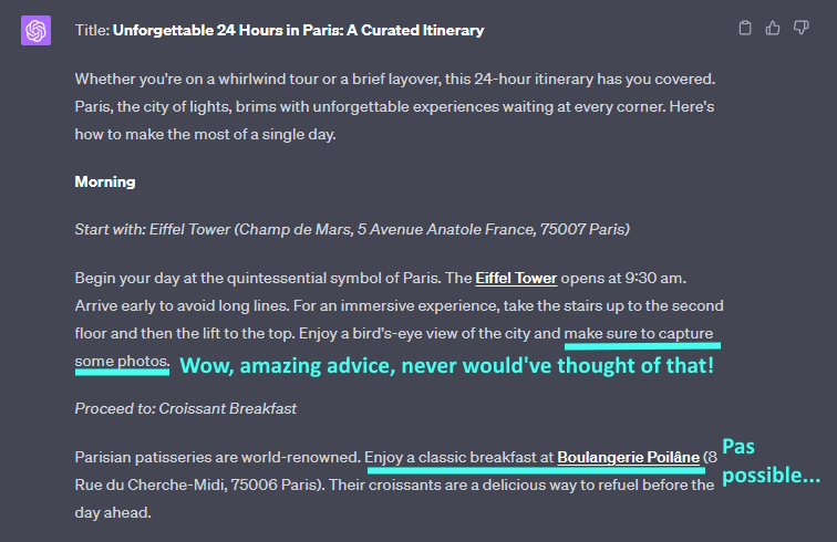 Screenshot of ChatGPT4's suggested Paris travel itinerary.