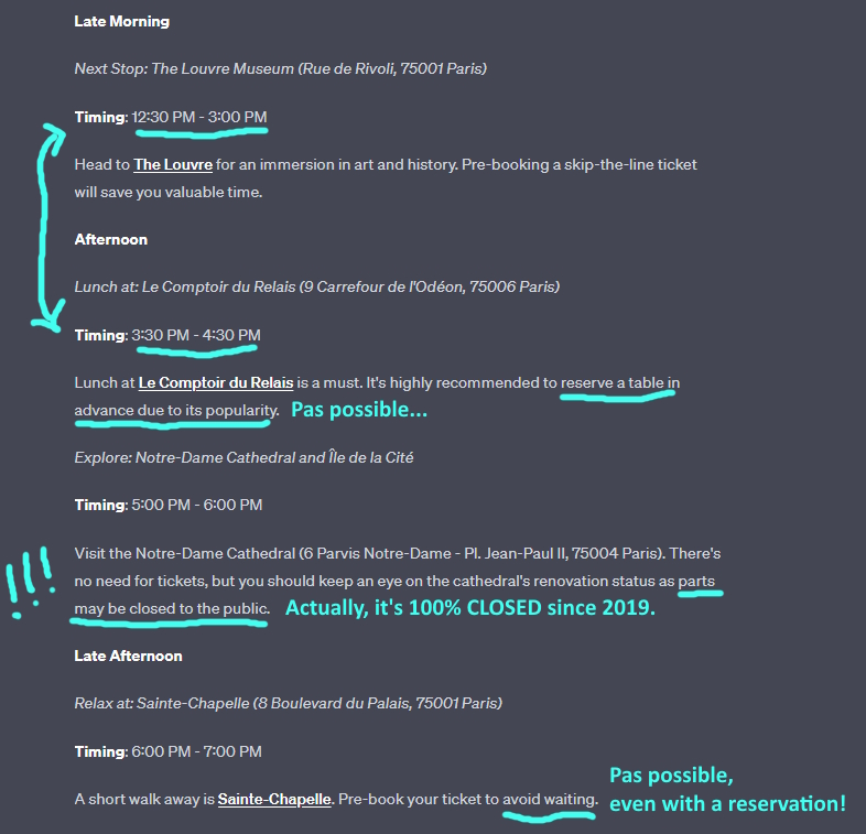 Screenshot of ChatGPT4's suggested Paris travel itinerary.