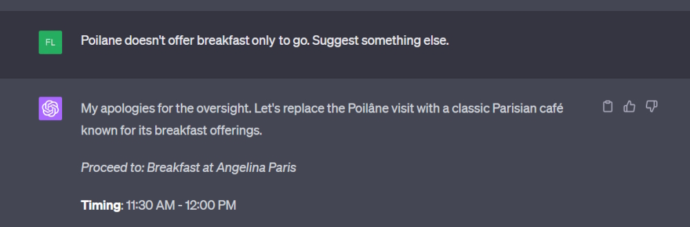 Screenshot of ChatGPT4's suggested Paris travel itinerary.