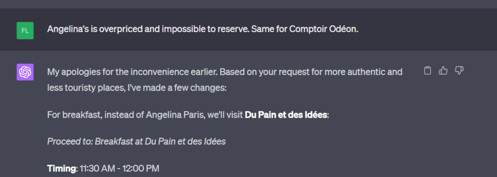 Screenshot of ChatGPT4's suggested Paris travel itinerary.