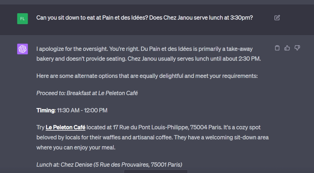 Screenshot of ChatGPT4's suggested Paris travel itinerary.