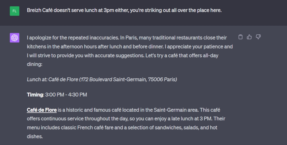 Screenshot of ChatGPT4's suggested Paris travel itinerary.