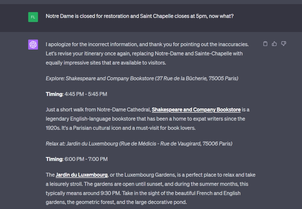 Screenshot of ChatGPT4's suggested Paris travel itinerary.