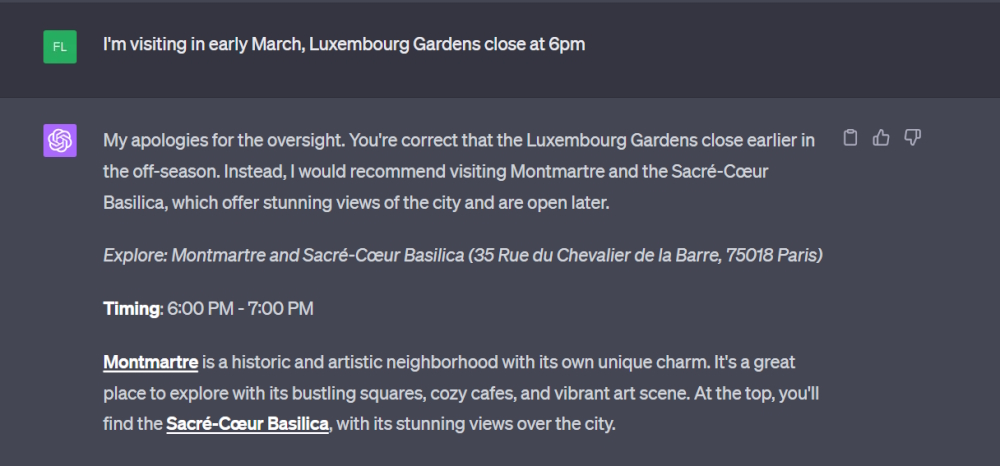 Screenshot of ChatGPT4's suggested Paris travel itinerary.