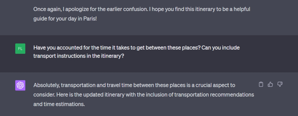 Screenshot of ChatGPT4's suggested Paris travel itinerary.