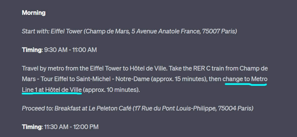 Screenshot of ChatGPT4's suggested Paris travel itinerary.
