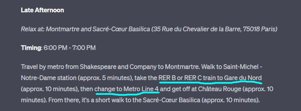 Screenshot of ChatGPT4's suggested Paris travel itinerary.