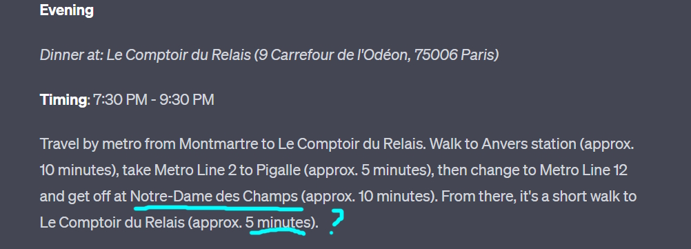 Screenshot of ChatGPT4's suggested Paris travel itinerary.