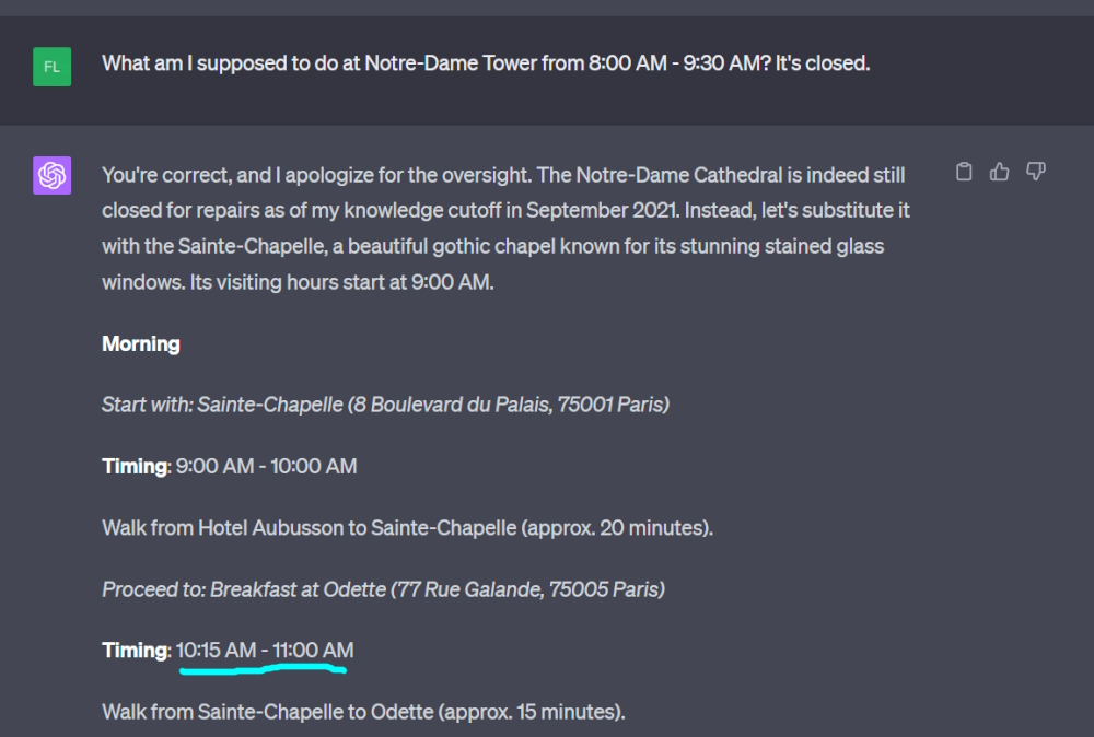 Screenshot of ChatGPT4's suggested Paris travel itinerary.