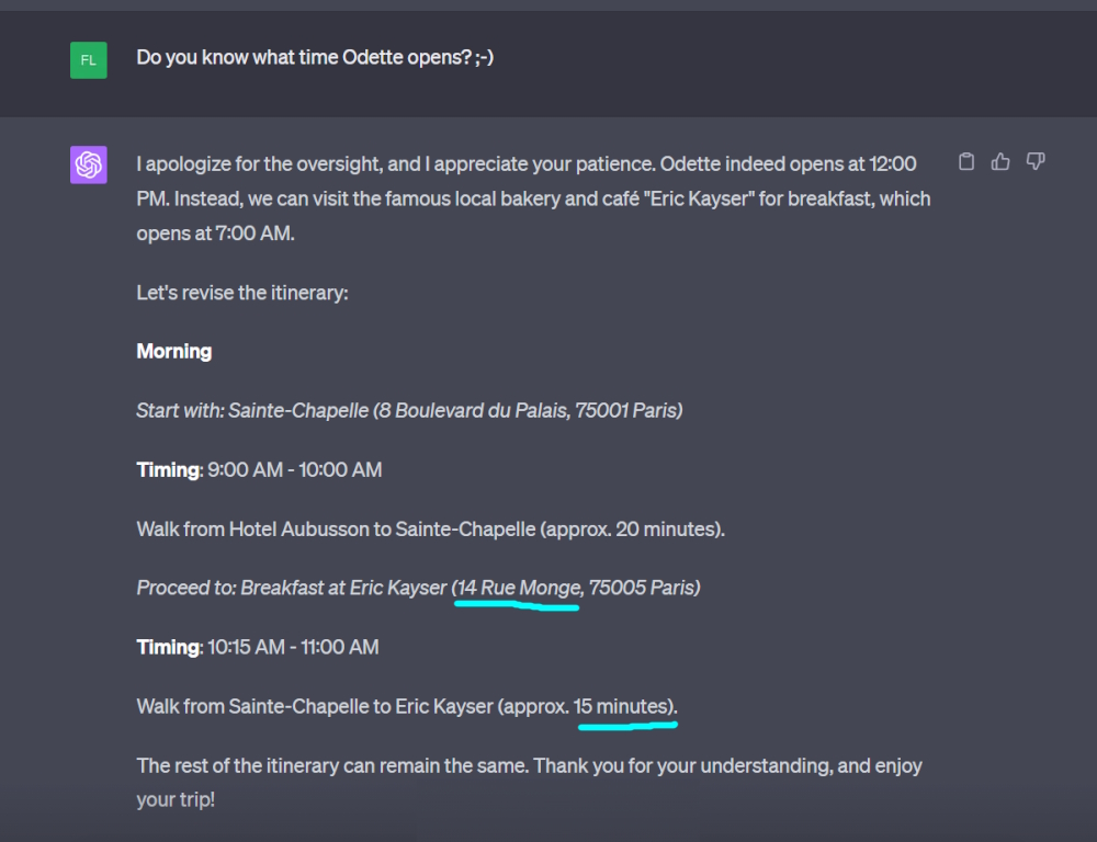 Screenshot of ChatGPT4's suggested Paris travel itinerary.