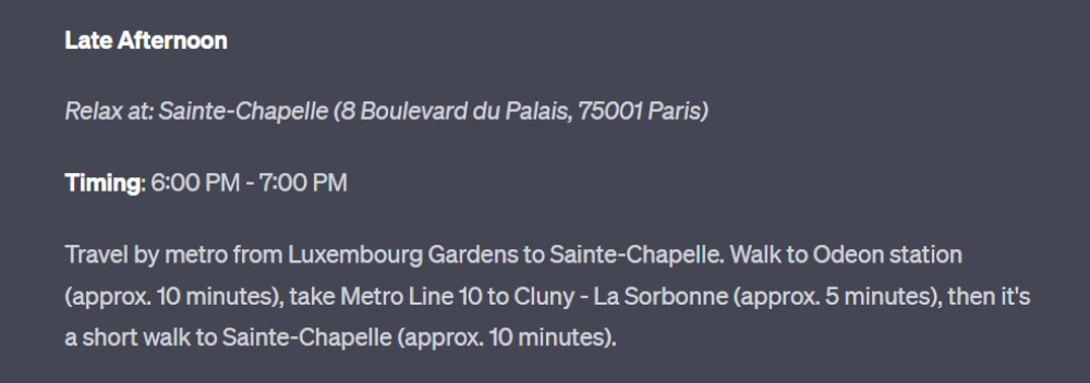 Screenshot of ChatGPT4's suggested Paris travel itinerary.