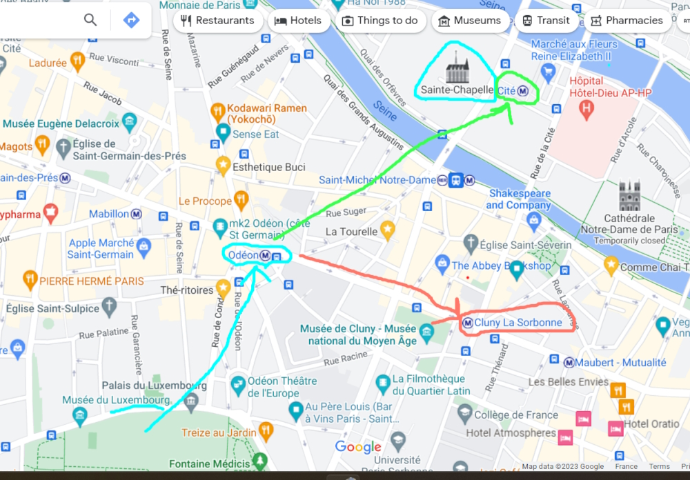 Map of Paris with conflicting toutes between Luxembourg Gardens and Sainte-Chapelle.