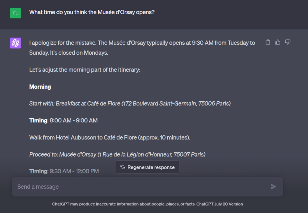 Screenshot of ChatGPT4's suggested Paris travel itinerary.