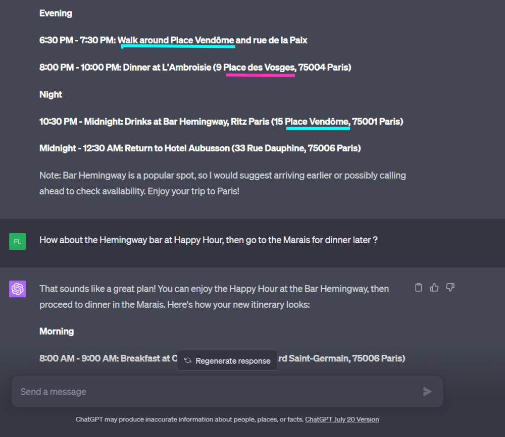 Screenshot of ChatGPT4's suggested Paris travel itinerary.