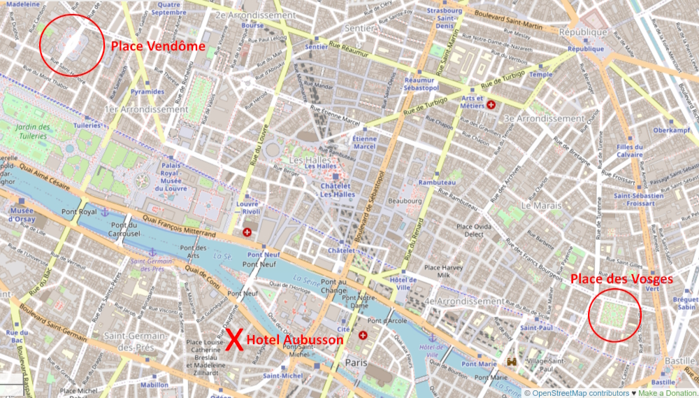 Map of Paris showing distance between two locations.