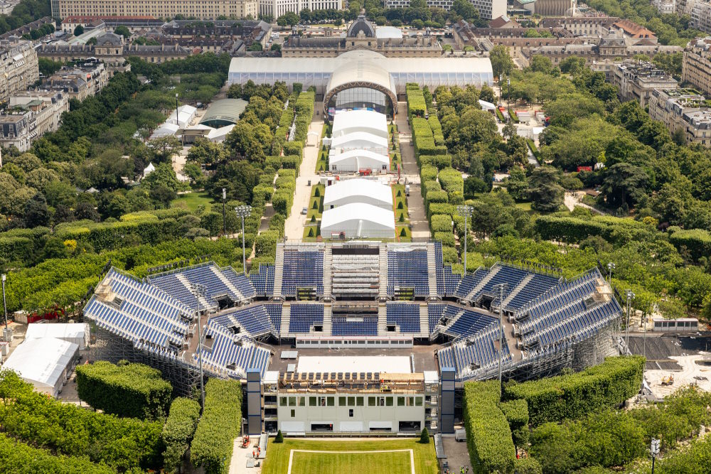 The Eiffel Tower Stadium and the Champ de Mars Arena (aka Grand Palais Ephémère).
