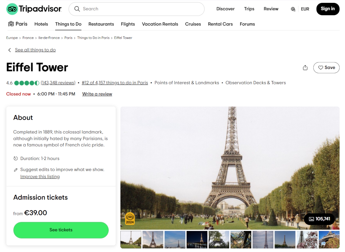 Misleading Trip Advisor page on Eiffel Tower. 