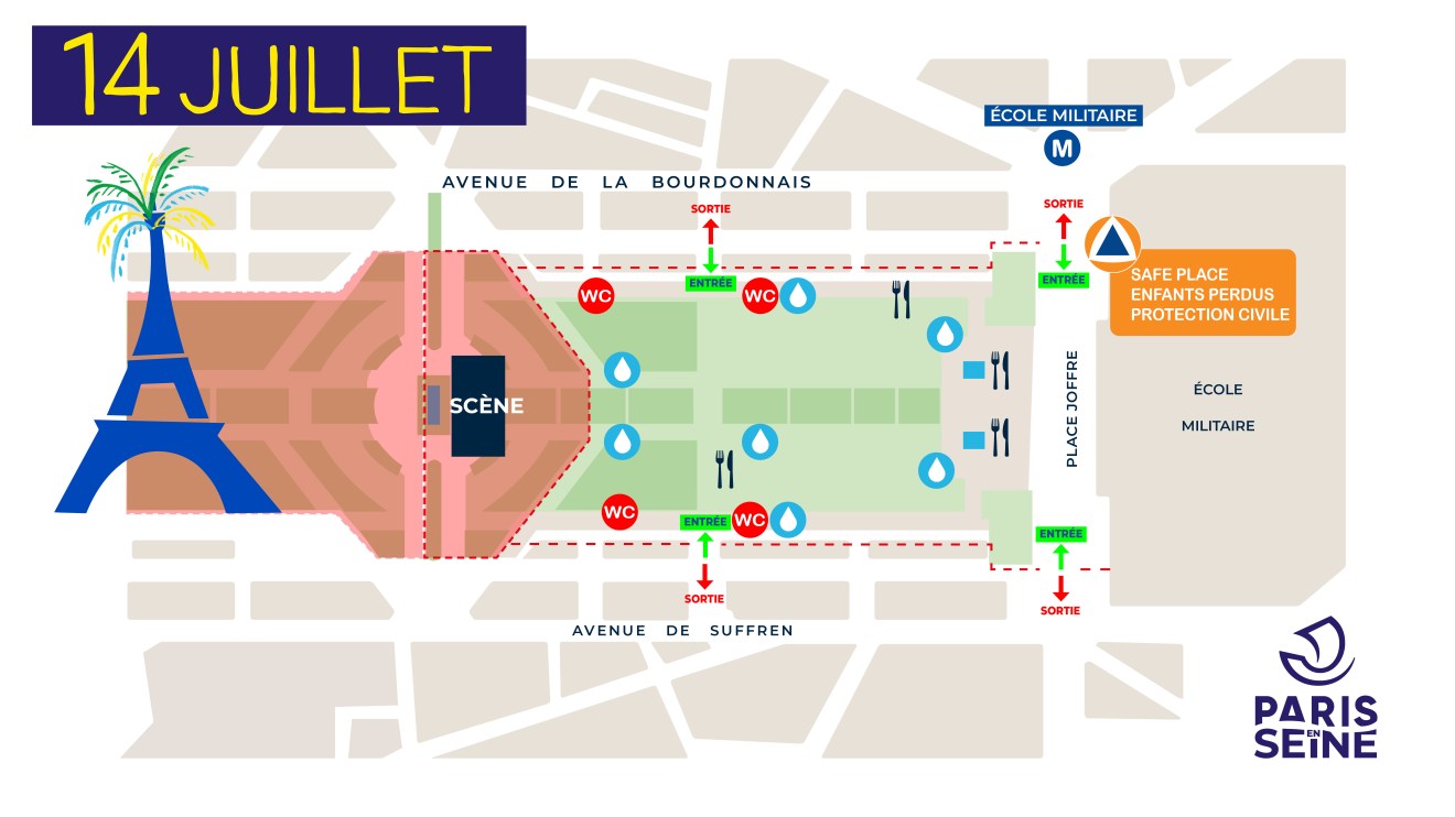 Map of the Champ-de-Mars viewing area for the concert and fireworks