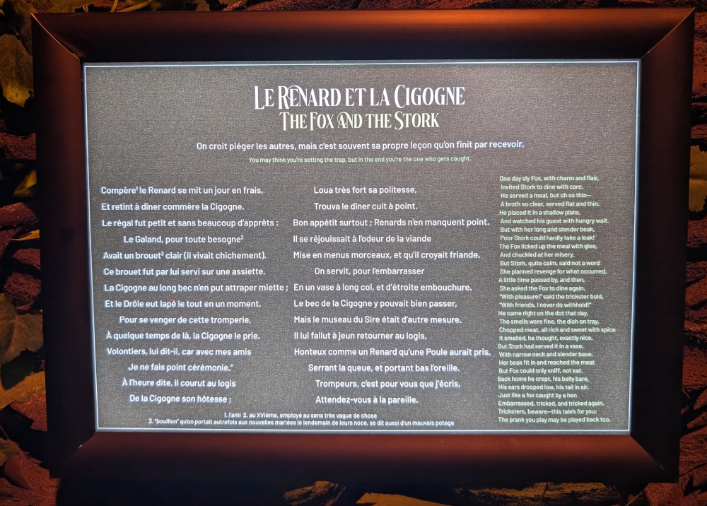 Each fable featured has the full French version and English translation.