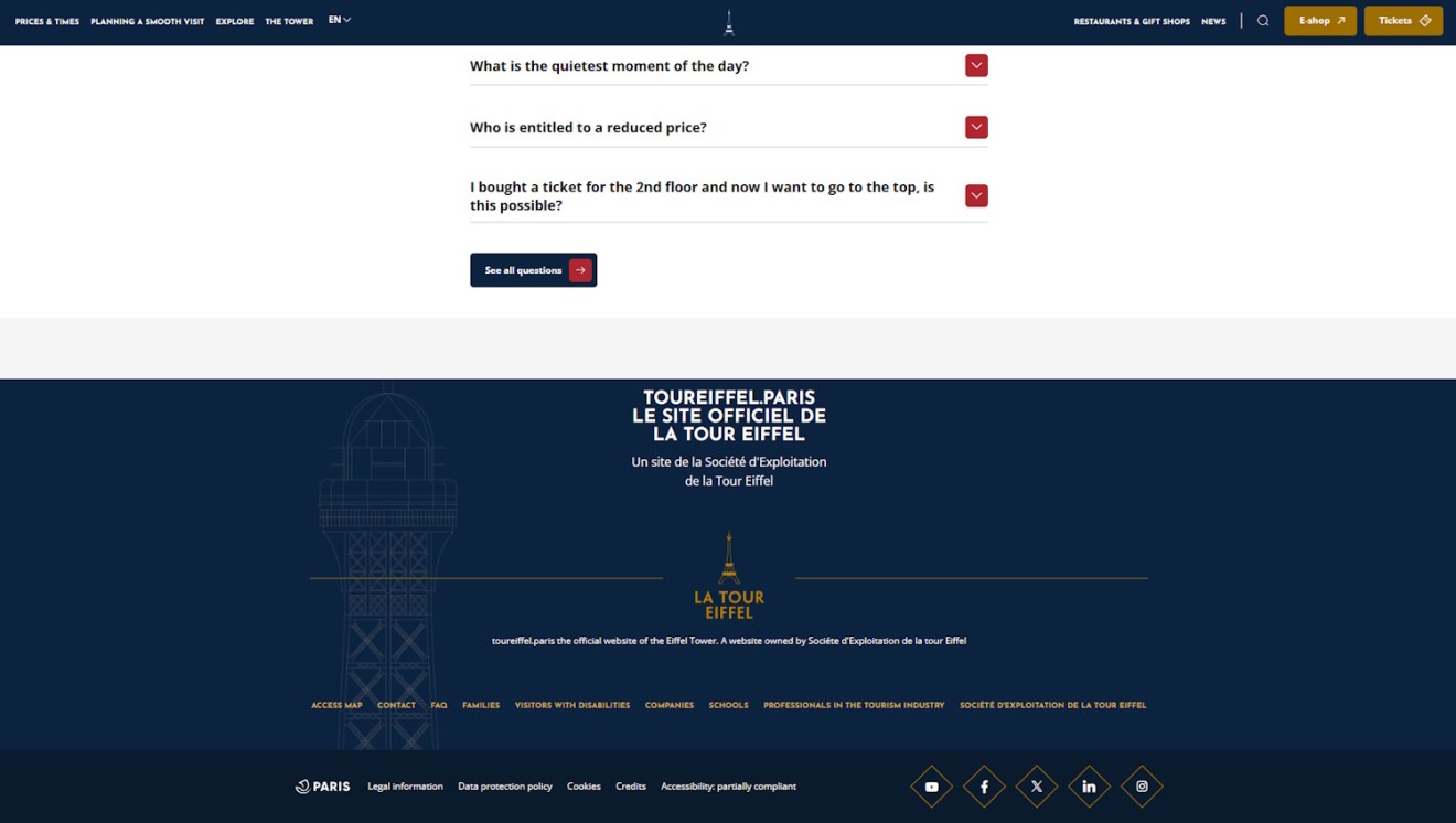 The Official Eiffel Tower website footer